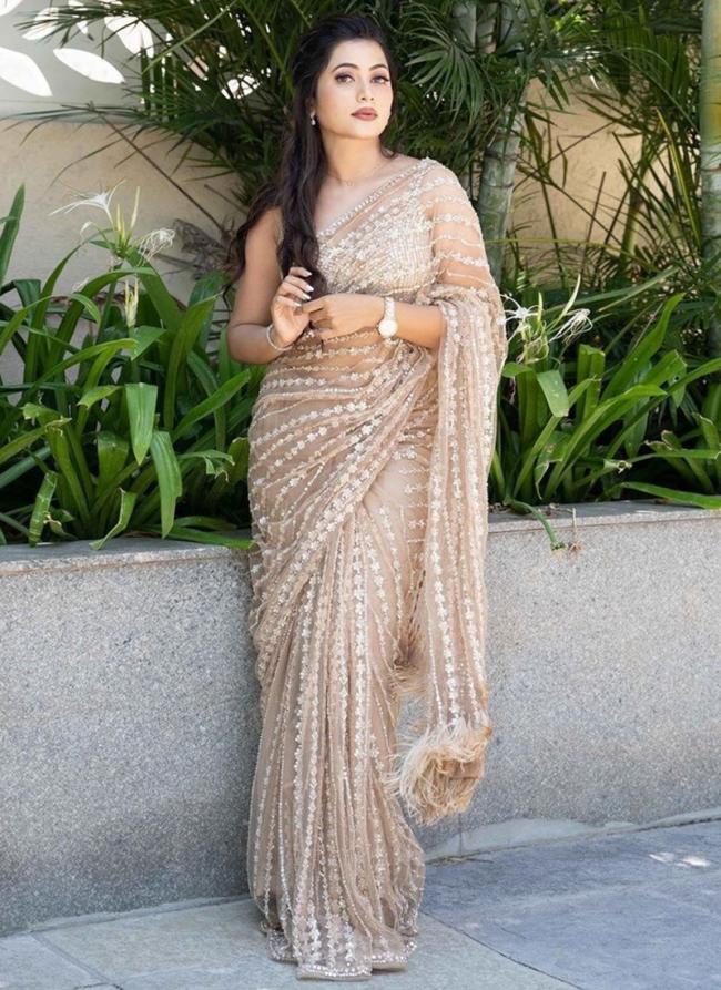 Nylon Net Cream Festival Wear Embroidery Work Saree